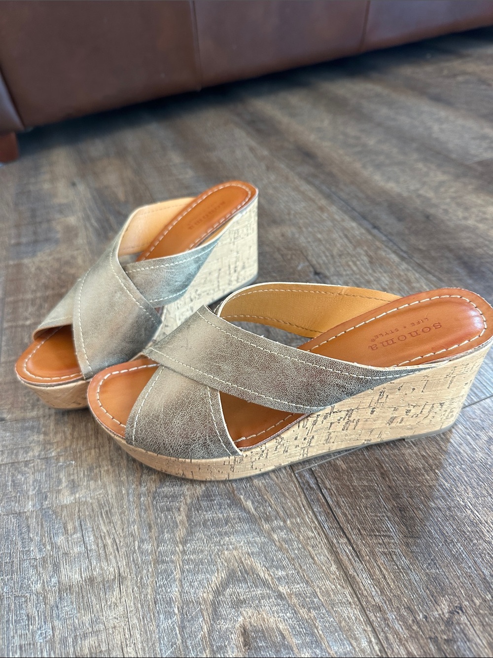 Sonoma Metallic Bronze Crisscross Cork Wedge Sandals